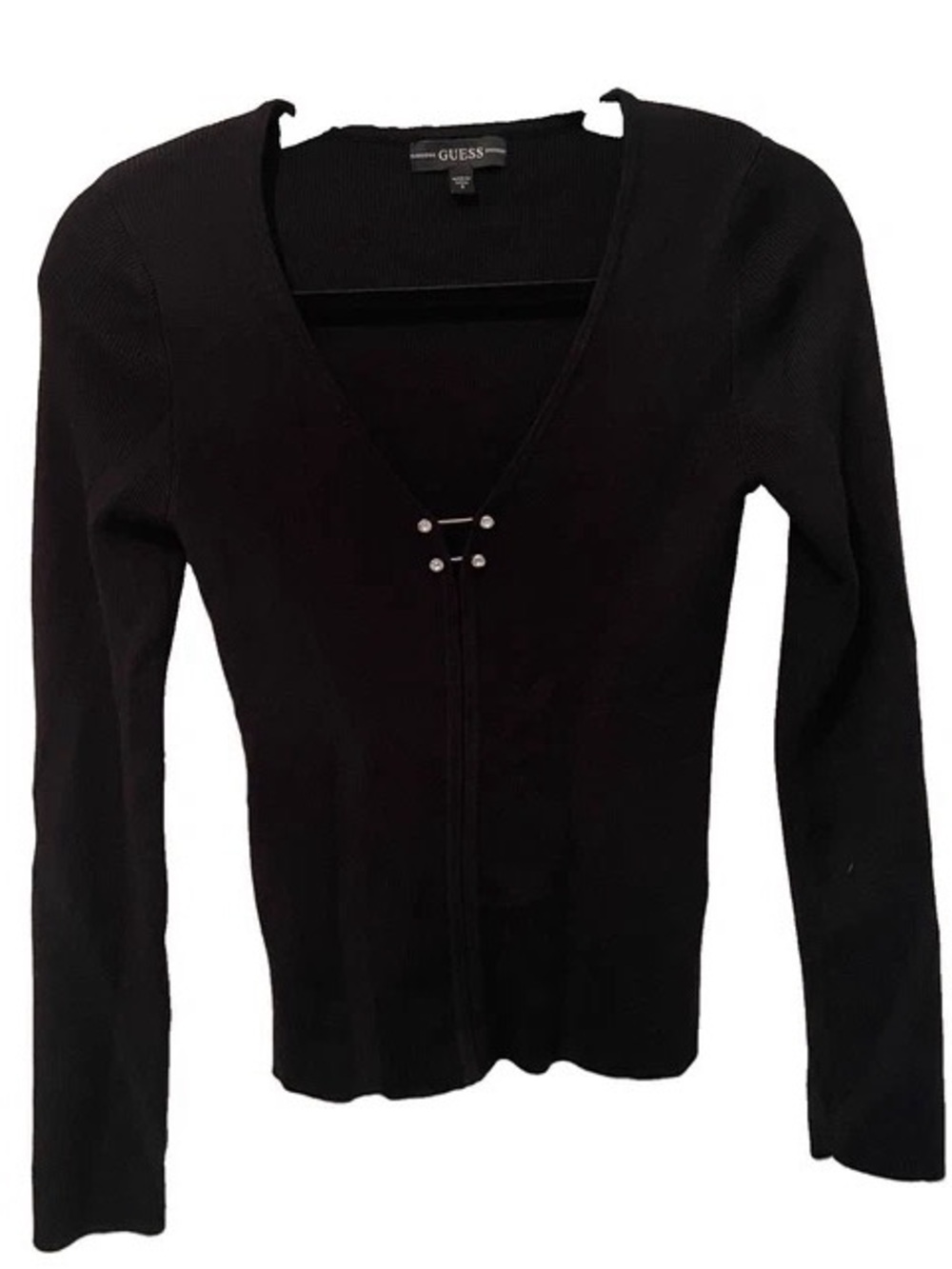Guess Black V-Neck Long-Sleeve Cardigan with Pin Accent